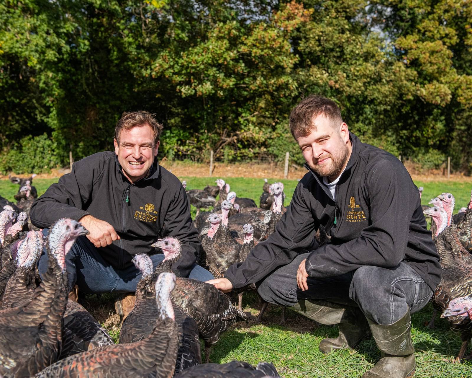 David and Sam Cartwright crouching among their Shropshire Bronze turkeys in the pasture