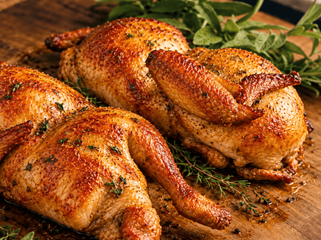 Two roast half Shropshire Bronze turkeys on a wooden board with fresh sage and thyme