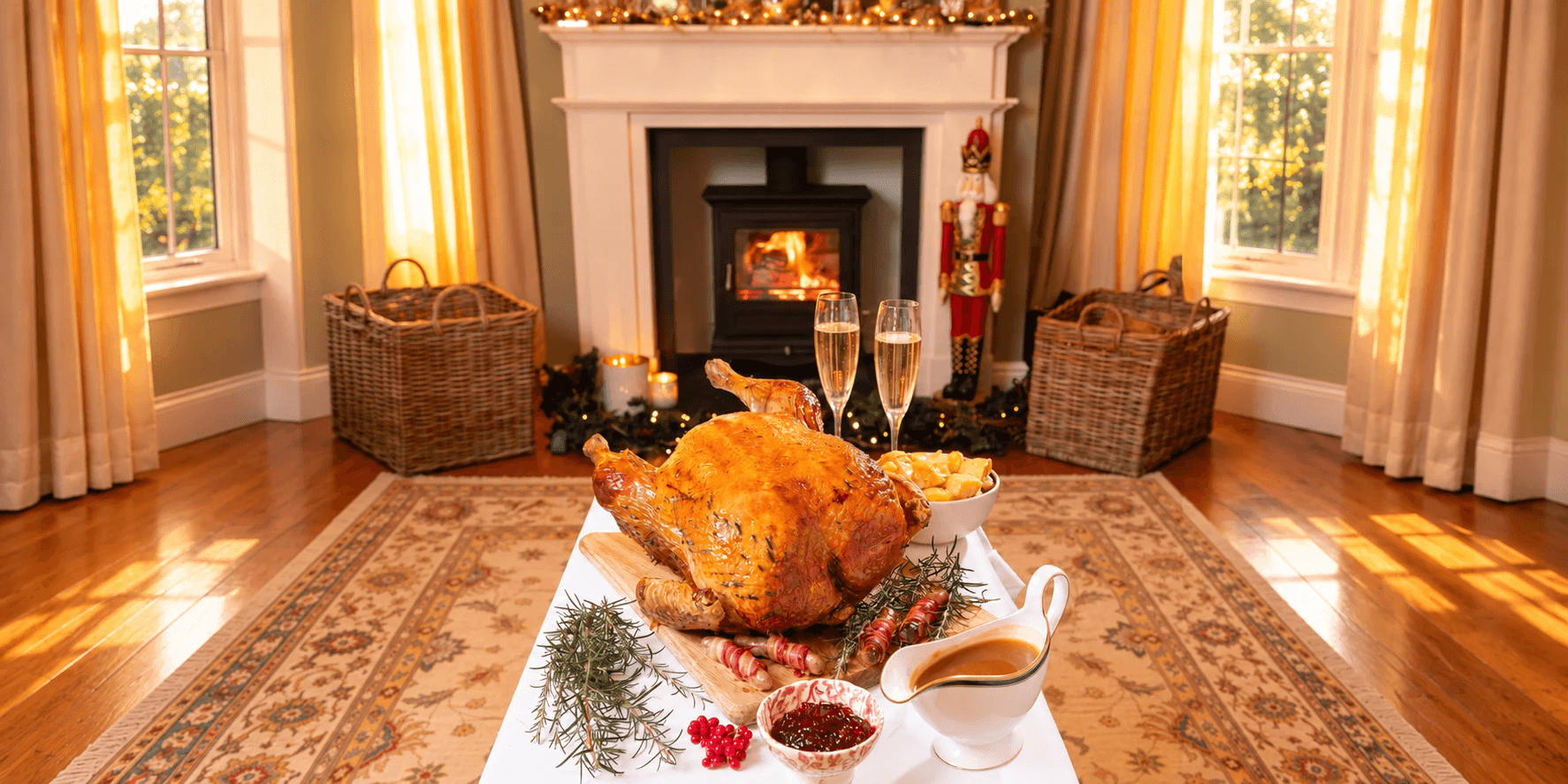 A roast Shropshire Bronze turkey on the Christmas table with pigs in blankets, roast potatoes, gravy and cranberry sauce, in front of a lit wood burner