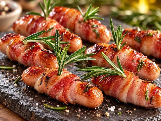 Roasted pigs in blankets with rosemary on a slate board