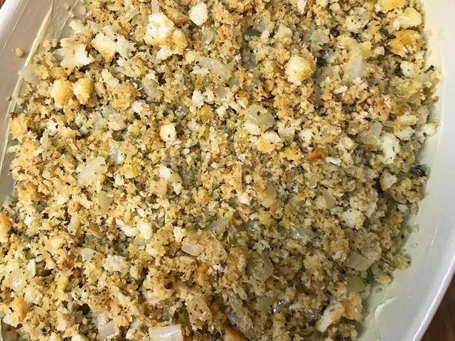 A dish of pork, sage and caramelised onion stuffing