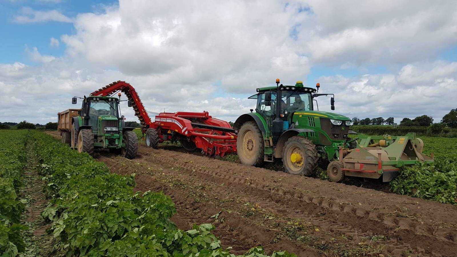 Two tractors and a red potato harvester working along a row of potatoes under a cloudy sky