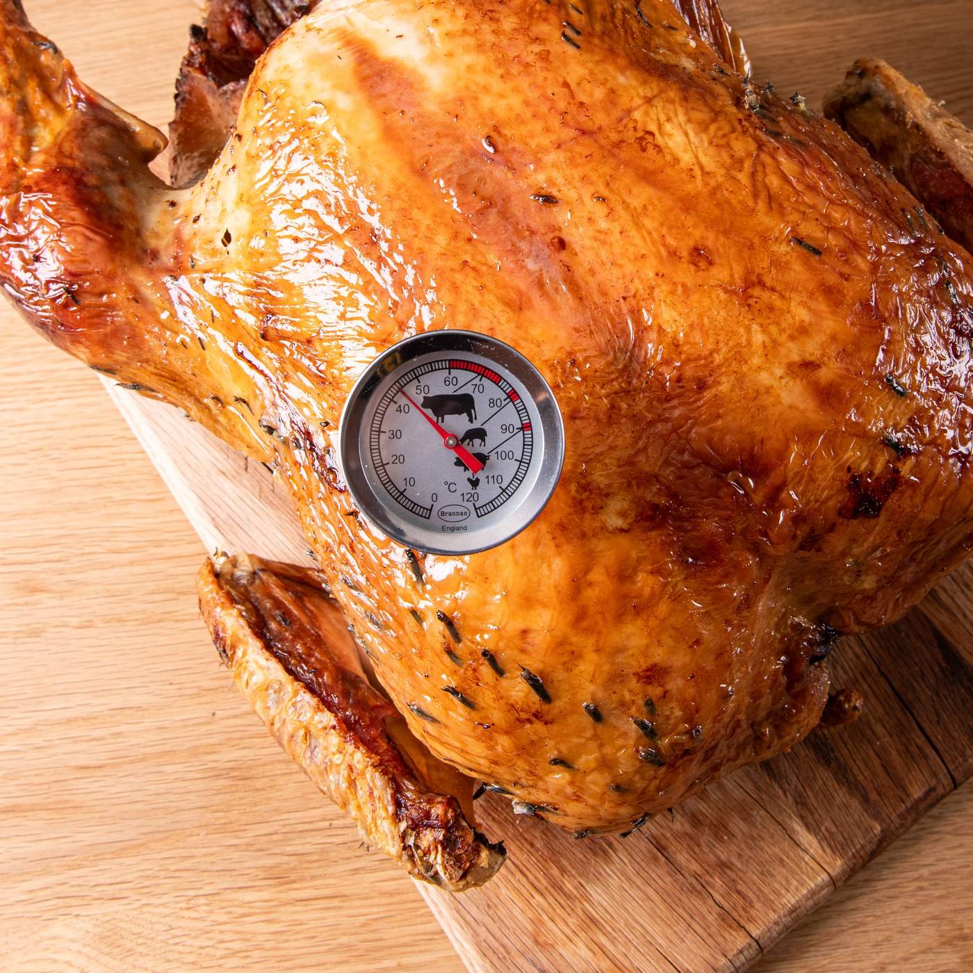 A meat thermometer pushed into the breast of a golden roast turkey