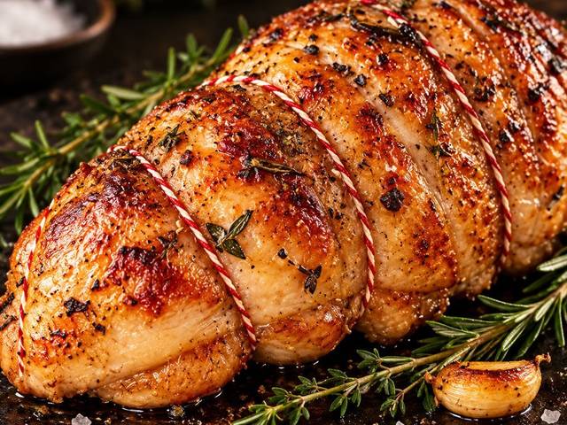A boneless Shropshire Bronze breast roast, tied and roasted golden with rosemary
