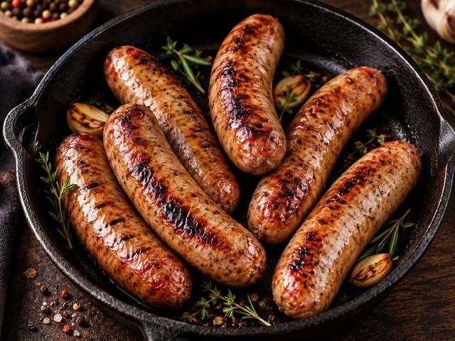 Six browned turkey sausages in a cast iron pan with thyme and garlic