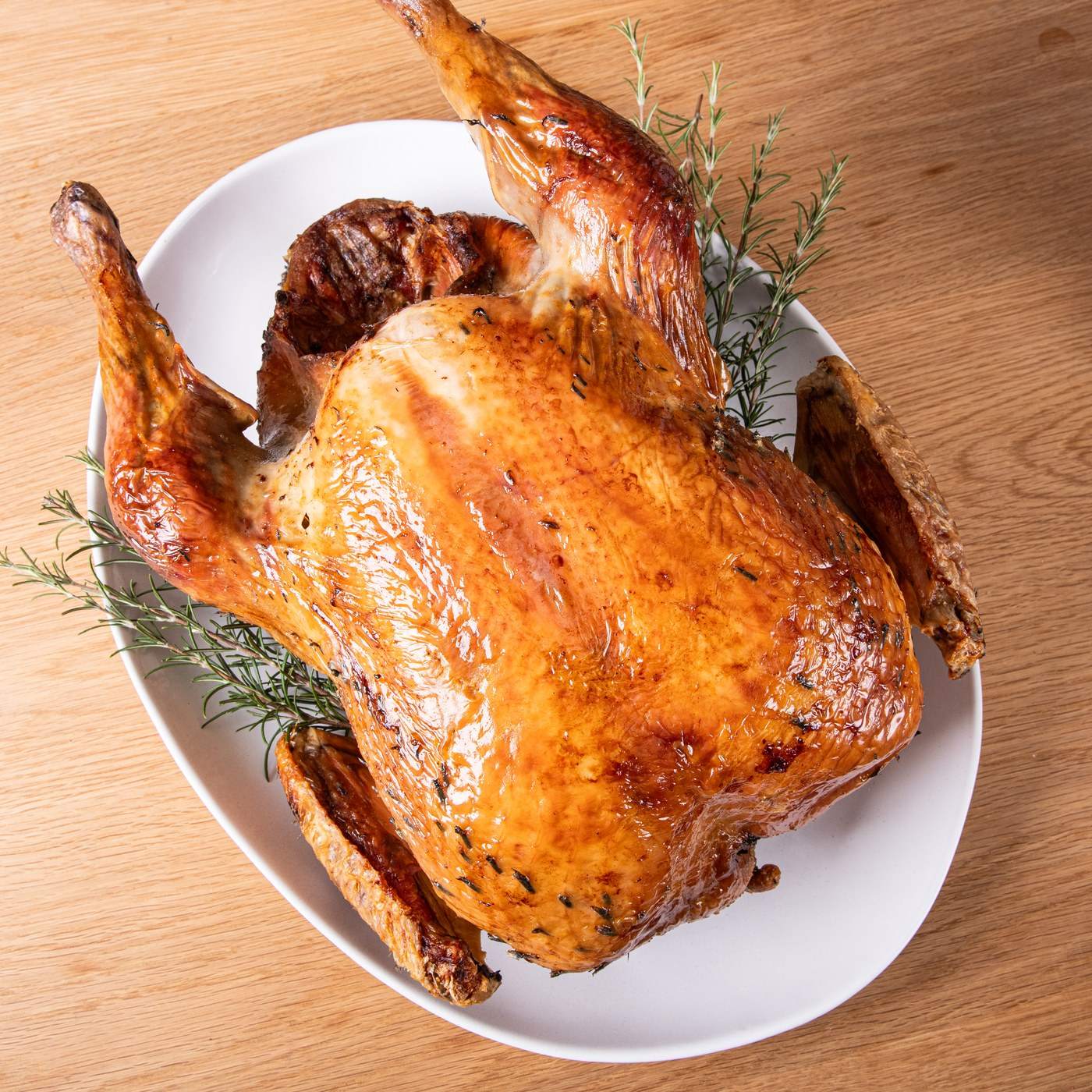 A whole roast Shropshire Bronze turkey on a white platter with rosemary