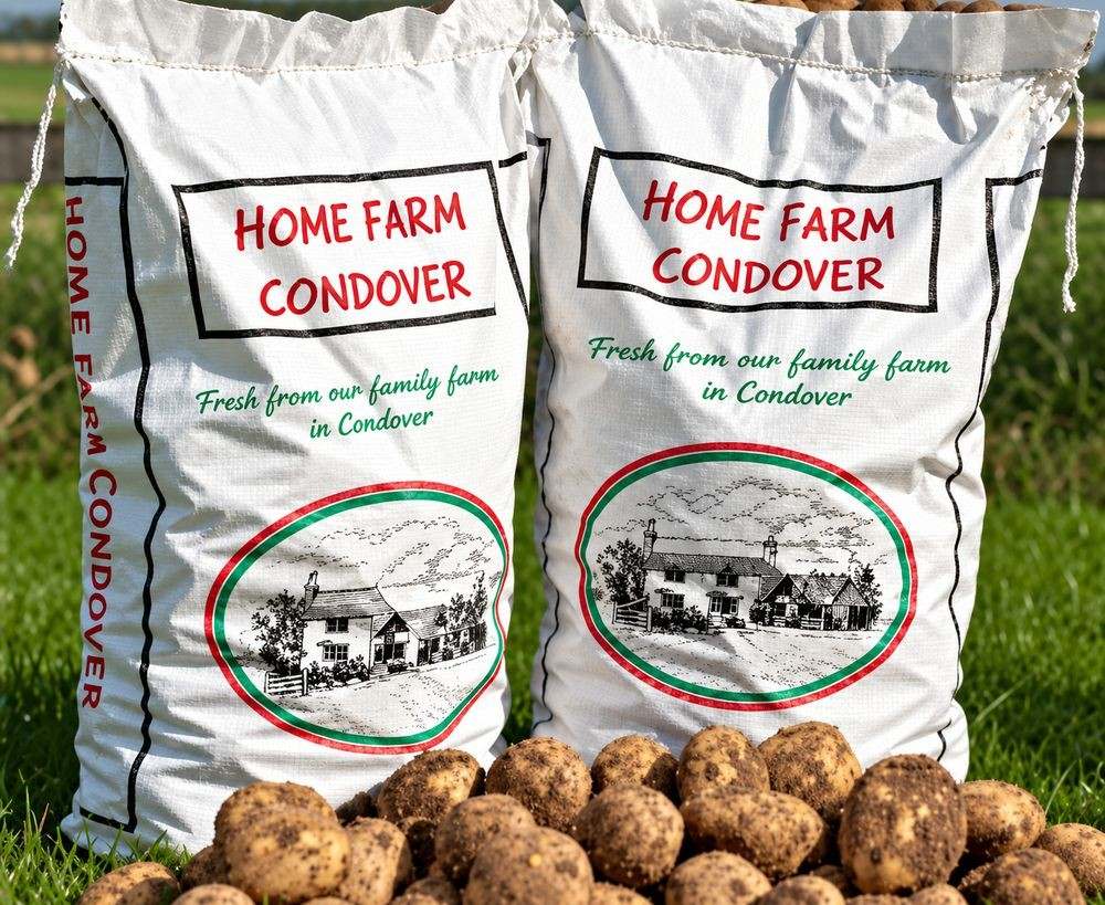 Two sacks of Home Farm Condover Wilja potatoes on the grass, with loose potatoes in front
